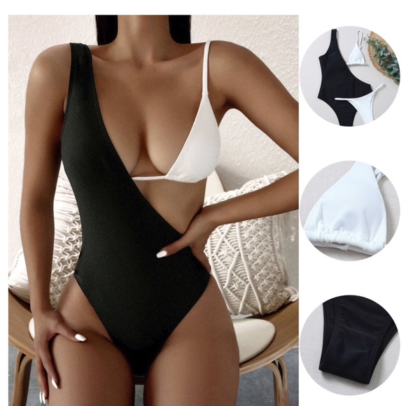 NEW! Ribbed 3 Pc Set Bikini Black & White Swimsuit - Picture 2 of 13